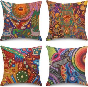 Throw Pillow Covers Home Decor Set of 4 Pillow Cases Decorative 18 x 18 Inches Outdoor Cushion Couch Sofa Pillowcases Colorful Boho Circle Doodle Ethnic Leaf