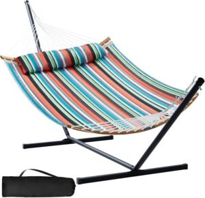 Touchat Hammock with Stand, 2 Person Heavy Duty Hammock with Padded Cotton,Detachable Pillow, Strong Curved-Bar, Portable Storage Bag, Anti-Rollover Design for Outdoor & Indoor（Color）