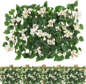 Trellis with Artificial Leaves, Artificial Ivy Fence Screening, Garden Screening Privacy Hedge Screen Expanding Leaf Trellis, Expandable Faux for Garden, Balcony, Outdoor, Panels, White