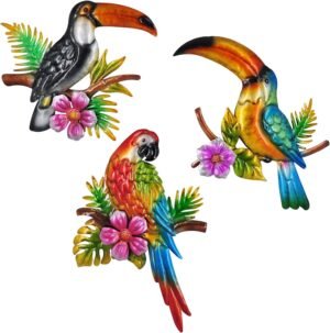 Tuokiuhn Metal Bird Wall Decor Toucan Macaw Decoration Bird Wall Art Tropical Wall Art Suitable for Outdoor Fence Patio Wall Decorations Set of 3