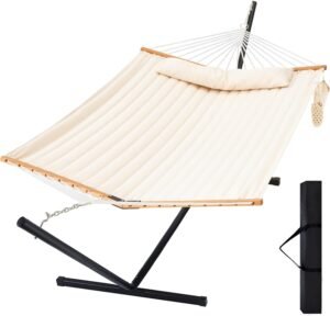 Two Person Hammock with Stand, Heavy Duty Outdoor Patio Hammock with Portable Steel Stand for 2 Person, Large Double Hammocks,480lbs Capacity.(Off White)