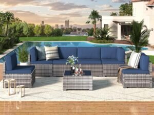 U-MAX 7 Piece Outdoor Patio Furniture Set, PE Rattan Outdoor Grey Wicker Furniture, Outdoor Sectional Furniture Chair Set with Cushions and Tea Table, Grey Rattan and Navy Cushion