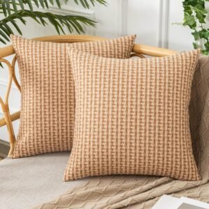 UGASA Outdoor Waterproof Pillow Covers Pack of 2 Weaving Texture Water Resistant Outside Decorative Pillow Cases for Patio Garden Porch Yard Bench Tent 18x18 Inch, Light Brown