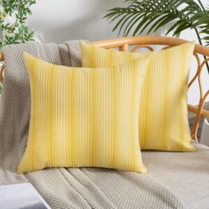 UGASA Outdoor Waterproof Throw Pillow Covers Pack of 2 Boho Weave Stripe Texture Decorative Cushion Covers Patio Pillows for Porch Outside Tent Yard Garden Bench 18x18 Inch, Yellow