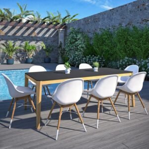 URBAN ELEMENTS Golf Patio Furniture Set | Teak Finish 100% FSC Eucalyptus Wood | Backyard Furniture, Outside Table and White Side Chairs, Rectangular Outdoor Dining Set, 9-Piece Black