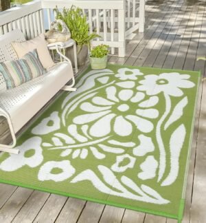 Uphome Outdoor Rug Mat Waterproof 5x8 ft, Reversible Outdoor Plastic Straw Rug, Green Floral Patio Rug, Foldable RV Camping Rug, Indoor Outdoor Area Rug for Backyard Deck Pool Balcony Picnic