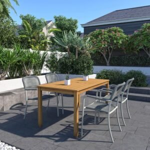 Urban Elements Eternal Patio Furniture Set | Teak Finish 100% FSC Eucalyptus Wood | Backyard Furniture, Outside Table and Aluminum Chairs, Rectangular Outdoor Dining Set, 5-Piece Grey