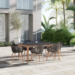 Urban Elements Voyage Patio Furniture Set | Teak Finish 100% FSC Eucalyptus Wood | Backyard Furniture, Outside White Table and Chairs, Rectangular Outdoor Dining Set, 7-Piece Black