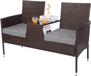 VINGLI Outdoor Furniture Patio Loveseat, Wicker Outdoor Bench with Cushion and Table Porch Bench for Outdoor Patio Loveseat Patio Furniture Set