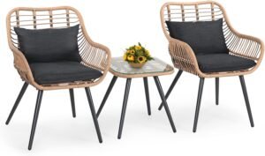 Verano Garden 3 Piece Patio Bistro Set, Outdoor Wicker Conversation Chair Sets Balcony Furniture,Coffee Table with Glass Top, Cushions & Lumbar Pillow