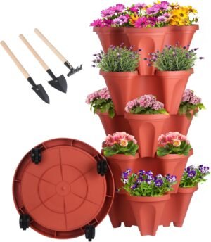 Vertical Planter 5 Tier Stackable Planters Garden Planters Strawberry Herb Flower and Vegetable Planter Indoor Outdoor Gardening Pots with Removable Wheels and Tools