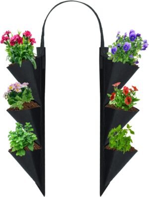 Vertical Railing Planter, 6 Pocket Hanging Fabric Planter Bag Outdoor Fence Plant Pots, Wall Hanging Planting Grow Bags Flower Pouch for Garden Fence Balcony (Black)