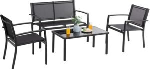 Vongrasig 4 Pieces Patio Furniture Sets, Small Modern Metal Textilene Outdoor Furniture Conversation Sets, Lawn Garden Porch Balcony Mesh Bistro Set Backyard Patio Set w/Loveseat&Glass Table (Black)