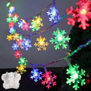 WATERGLIDE 2 Pack Christmas Snowflakes Lights, 50LED 24FT Outdoor Xmas Decorative String Lights, 8 Lighting Modes & Timer, Battery Operated Waterproof for Bedroom Party Garden Home Decor, Multicolor