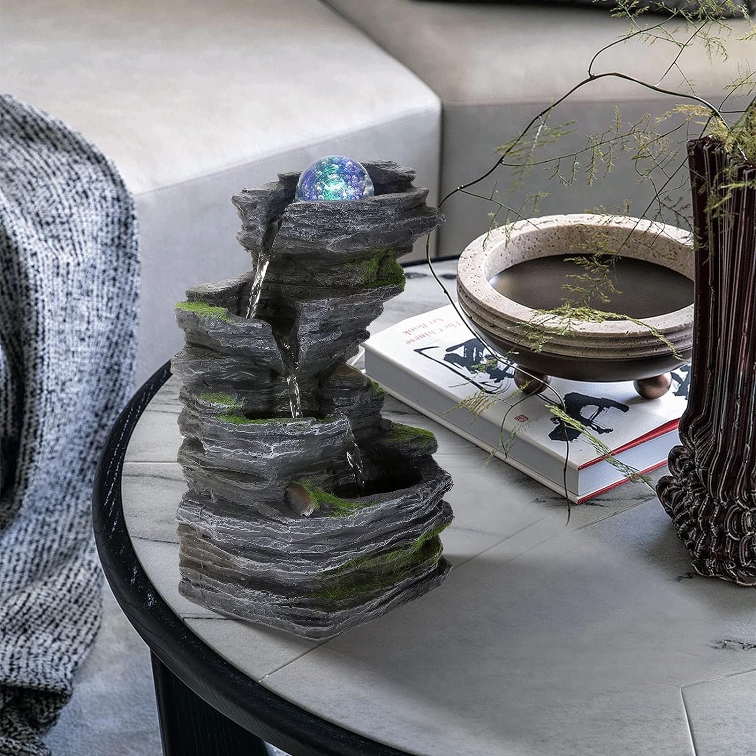 WICHEMI Indoor Fountains Tabletop Fountain Indoor Waterfall Fountain Stacked Rocks WICHEMI Indoor Fountains Tabletop Fountain Indoor Waterfall Fountain Stacked Rocks Water Feature Feng Shui Zen Meditation Relaxation Desktop Fountain with LED Light for Home and Office Decor(Style 8)