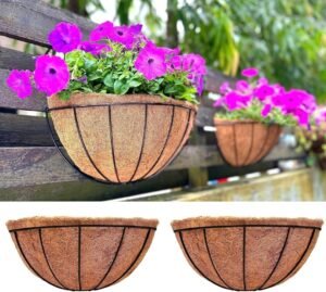 Wall Hanging Baskets,16 Inch 2 Pack Flower Planters for Outdoor Plants Wall Mounted with Coco Liner, Metal Iron Wire Holder for Window Herb Railing Fence Deck Balcony Porch Garden