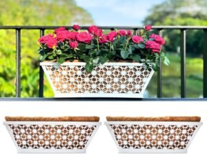 Wall Hanging Planter, 2 Pack, 16 Inch Railing Planter Window Box with Coconut Coir, White Metal Garden Balcony Plant Basket Outdoor Deck Patio Rail Fence House Horse Trough Porch