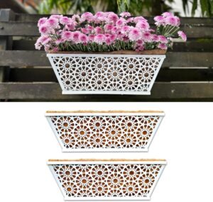 Wall Planter, 2 Pack, 16 Inch White Railing Hanging Planter with Coco Liner for Outdoor, Metal Balcony Garden Plant Basket Deck Rail Fence Window House Horse Trough Porch