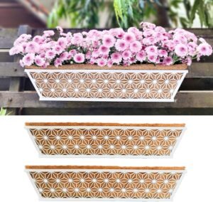 Wall Planter, 2 Pack, 24 Inch Railing Planter Window Box Deck Balcony Rail Planter with Coconut Coir, White Metal Garden Plant Basket Patio Fence Window Horse Trough Porch