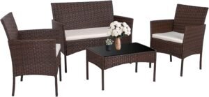 Walsunny 4 Pieces Outdoor Patio Furniture Sets Rattan Chair Wicker Set,Outdoor Indoor Use Backyard Porch Garden Poolside Balcony Furniture（Brown）