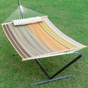 Waterproof Double Hammock with Stand for Outside Heavy Duty, 2 Person 55'' Extra Large Quick Dry Textilene Hammocks with Hardwood Spreader Bar, Detachable Pillow, 475lbs Capacity (Coffee)