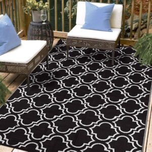 Waterproof Outdoor Patio Rug, Reversible Mats, Plastic Straw Rug, Indoor Outdoor Rugs for Outside Porch, Backyard, Balcony, RV, Deck, Picnic, Beach, Camping, Black & White, 5' x 8'