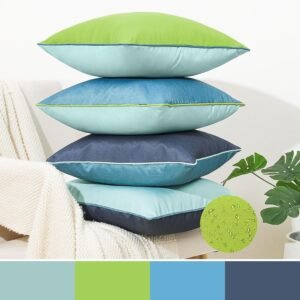 Waterproof Outdoor Pillow Covers 18 x 18 inch, 4 Pack Piping Edge Throw Pillow Case Double-Sided Colors, Decorative Cushion Covers for Garden Patio Indoor Sofa Couch Balcony, Blue