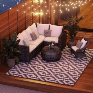 Waterproof Outdoor Rug 5'x8', Reversible Patio Area Mats, Plastic Camping Rug for RV, Backyard, Porch, Deck, Picnic, Beach, Trailer, Balcony, Stain & UV Resistant (Gray & White)