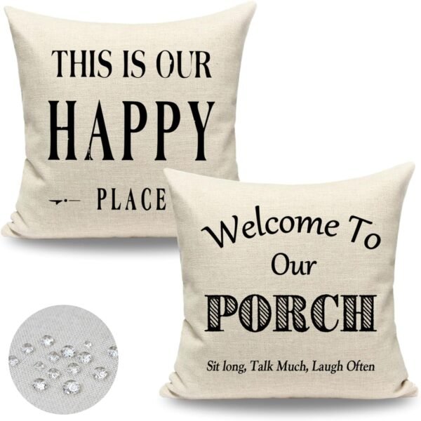 Welcome to Our Porch Outdoor Pillow Covers Waterproof 18x18 Set of 2, Decorative Farmhouse Outdoor Throw Pillows 18 x 18, Back Porch Decor Patio Furniture Pillows (This is Our Happy Place)