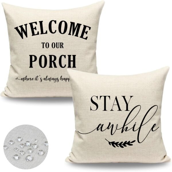 Welcome to Our Porch Stay Awhile Pillows Outdoor Pillow Covers 18x18 Waterproof Set of 2 Farmhouse Porch Decor Patio Decorative Throw Pillows 18 x 18 (No Inserts)