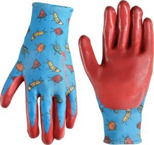 Wells Lamont Kids Work and Gardening Gloves, Smooth Coated Nitrile Grip Gloves, Blue/Red (468Y-993)