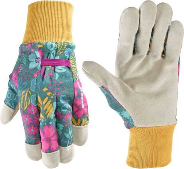 Wells Lamont Women's Botanical Print Leather Palm Work and Gardening Gloves, Medium (4182M)