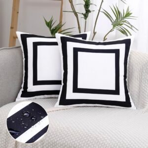 White Outdoor Throw Pillow Covers Waterproof 18x18 Set of 2, White and Black Decorative Outdoor Waterproof Boho Pillows 18 x 18 for Patio Furniture Bench (Black Border)