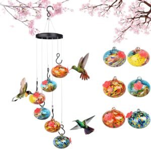 Wind Chime Hummingbird Feeder, Hand Blown Glass Hummingbird feeders for Outdoors Hanging, 6 Feeding Stations, Unique Garden Decor, Hummingbird Gifts (6 Balls Multicolor Single Mouth)