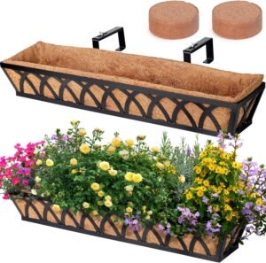 Window Box Railing, 32 Inch Black Metal Hanging Flower Planter Basket with Coco Liner for Outdoor Balcony Porch Fence Patio for Home, Office and Hotel (Black - 2 Pcs/Set)