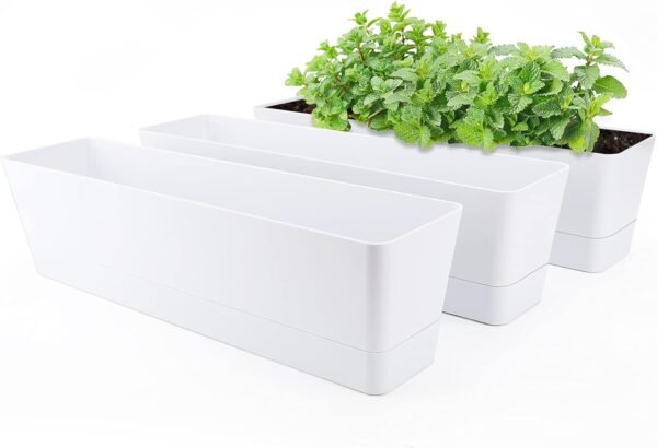 Window Boxes Planters, 3PCS 16x3.8 Inch Large Herb Planters with Tray, Indoor Succulent Cactus Flowers Vegetable Plastic Rectangle Pots for Balcony, Office, Garden, Outdoor, Windowsill (White)