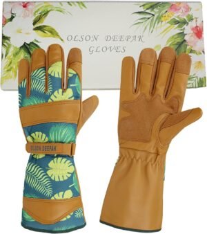 Women's Gardening Gloves with Grain Leather for Yard Work, Rose Pruning and Daily Use, Perfect Fit for Women, Long Cuff Garden Gloves with Fashion Palm Leaf Pattern