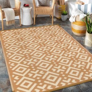 Wonnitar Outdoor Patio Rugs, 5x8 Waterproof Outdoor Plastic Straw Rug, Reversible Outside Deck Area Rug Lightweight Porch Rugs,Large Portable RV Camping Rug for Backyard Balcony Garden, Khaki