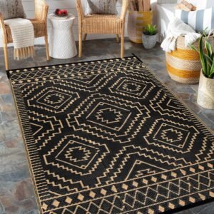 Wonnitar Outdoor Rug 5x8 Waterproof Reversible Plastic Straw Rug for Patio Clearance, Moroccan Outside Area Rug RV Rug for Camping, Indoor Outdoor Portable Mat for Deck Balcony Porch, Black & Brown