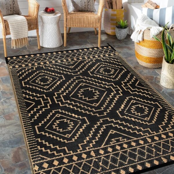 Wonnitar Outdoor Rug 5x8 Waterproof Reversible Plastic Straw Rug for Patio Clearance, Moroccan Outside Area Rug RV Rug for Camping, Indoor Outdoor Portable Mat for Deck Balcony Porch, Black & Brown