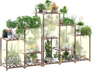 Wood Plant Stand With Grow Lights Indoor Plants Outdoor Corner Plant Shelf Flower Stands for Living Room Balcony Garden (11 Pots)