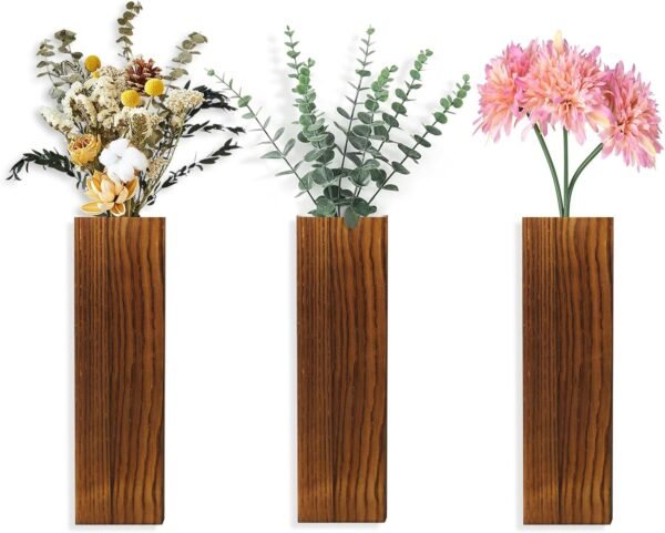 Wood Wall Planter - 3-Piece Wall Decor for Bathroom, Living Room, Bedroom, and Office, Rustic Wall Vase for Garden Balcony, Brown