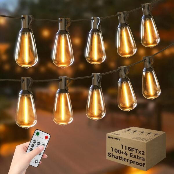 Woolmug Outdoor String Lights Total 232FT Patio Lights with Remote 100+4 Extra Shatterproof ST38 LED Vintage Edison Bulbs, Outside Lights Waterproof for Porch Deck Garden Backyard Balcony【Dimmable】