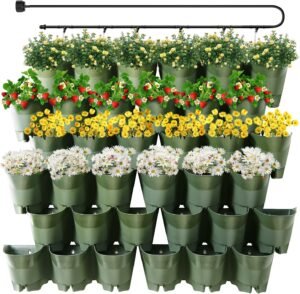 Worth Garden 36 Pockets Self Watering Vertical Planters Indoor Outdoor Living Wall Mounted - 9' Automatic Dripping Irrigation System Hose Kit Stackable Plastic Pot Herb Plants Home Balcony Decoration