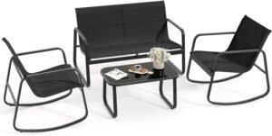 YITAHOME 4 Piece Patio Furniture Set, Small Backyard Bistro Rocking Chairs, Loveseat and Glass Table, Textilene Outdoor Conversation Set for Lawn, Garden, Balcony, Poolside (Black)