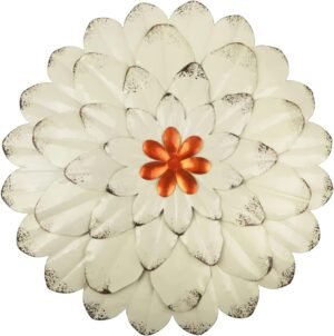 YIYA 11.8" Metal Flower Wall Decor Multiple Layer Flower Wall Art Wall Art Decorations Hanging for Balcony Patio Porch Bedroom Living Room Garden (Off-White)