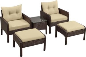 Yaheetech 5-Piece Patio Furniture Set, Outdoor Wicker Conversation Set Cushioned Sofa w/Ottomans & Coffee Table for Garden/Poolside/Lawn/Backyard/Balcony - Brown/Khaki