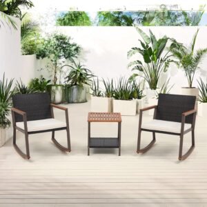 Yangming 3 Pieces Wicker Rocking Bistro, Weather Rattan Patio Outdoor Furniture Conversation Chair Sets with Coffee Table and Cushions for Porch, Poolside, Balcony, Garden, Backyard, Mix Brown