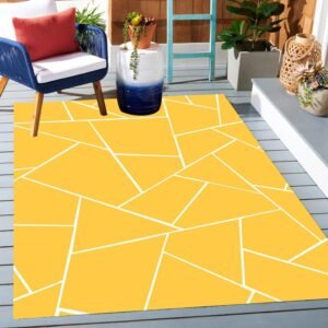 Yellow Indoor Outdoor Rug for Balcony Patio Deck Porch Modern Geometric Waterproof Washable Garden Carpet Lightweight Non Slip Backyard Large Outside Area Rug 2x3