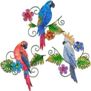 Yonivexis Metal Birds Wall Art Decor 3D Colorful Birds Sculpture Parrot Outdoor Hanging Decor Bird Wall Art Decorations Fence Patio Balcony Living Room